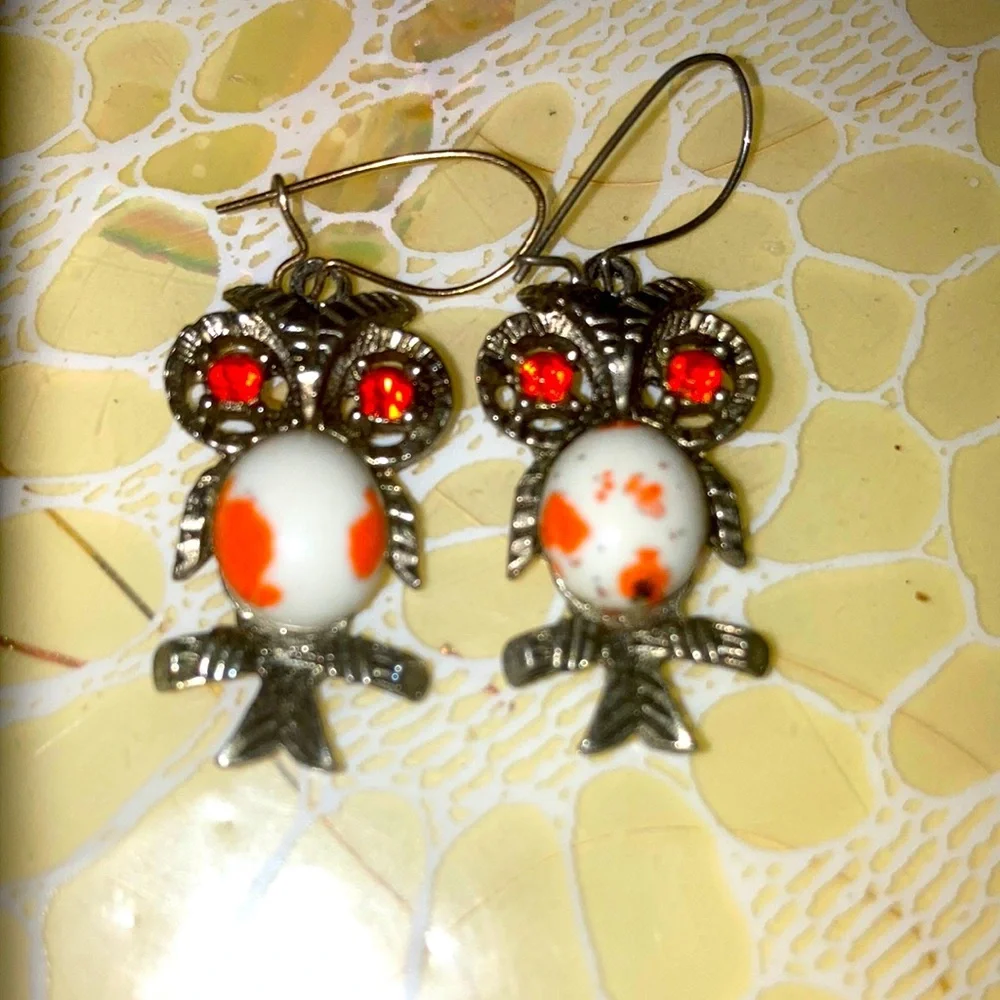 Vintage Owl Drop Earrings with White and Orange Stone Accents